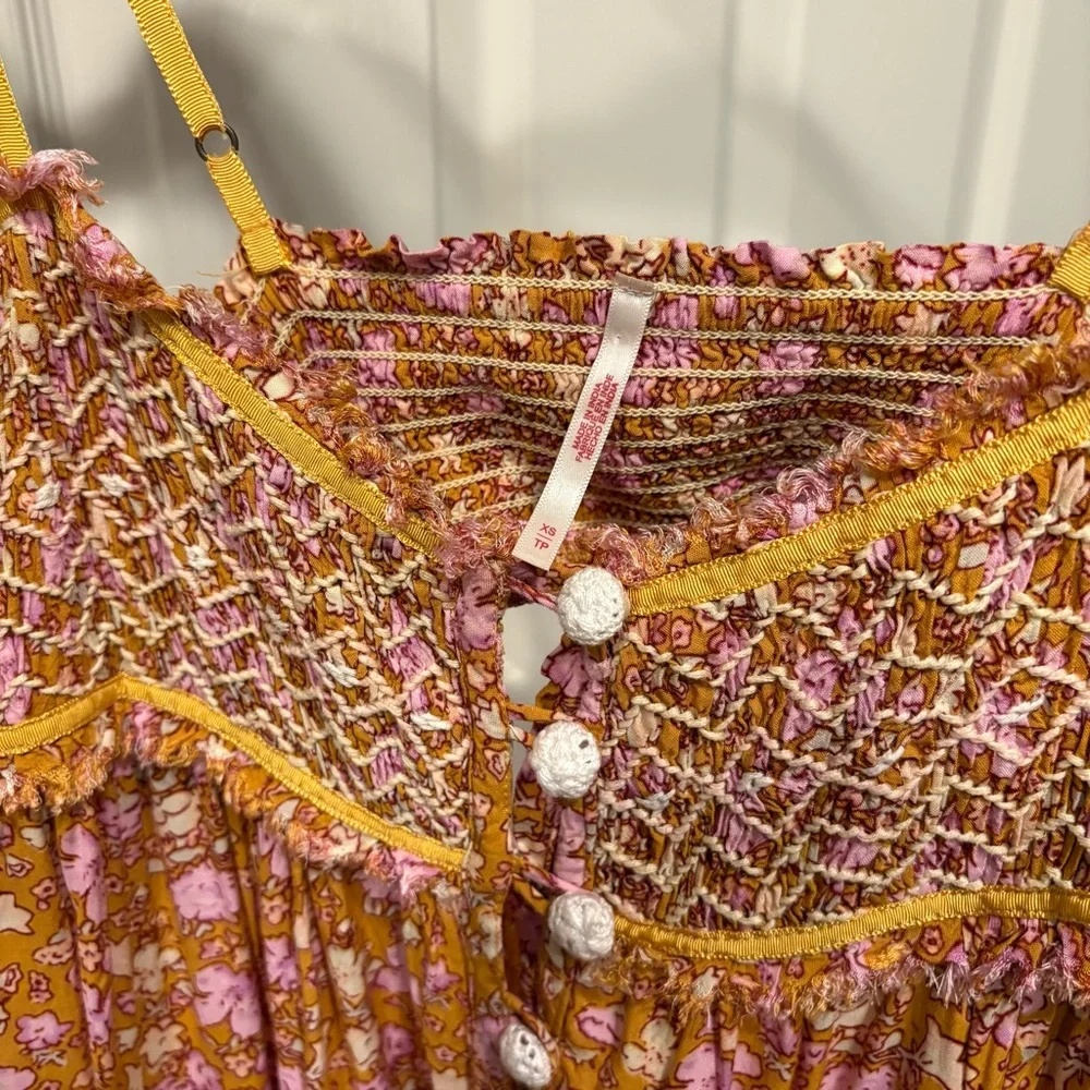 FREE PEOPLE Molly Jo Floral Boho Dress Size XS / S Maxi Length Pink Yellow - Picture 2 of 5